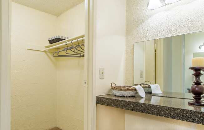 Cottonwood Creek walk in closet near a vanity space.