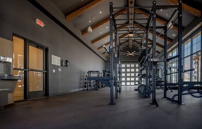 A gym with a weight rack and a squat rack.