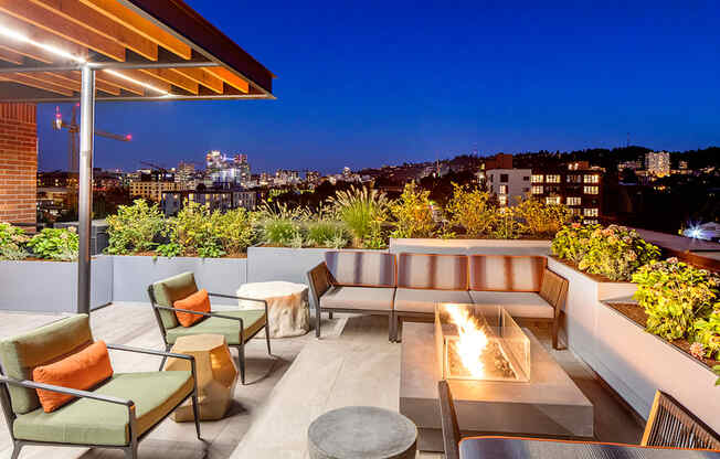 Slabtown Flats Rooftop Fireplace at Night