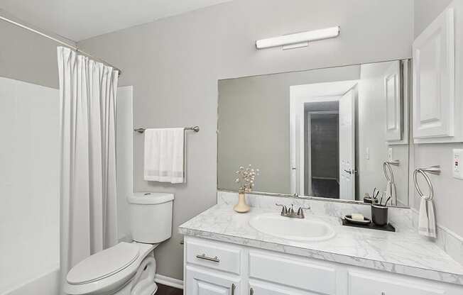 Model Bathroom with White Cabinets, Wood-Style Flooring and Shower/Tub at Grand Pavilion Apartments in Tampa, FL.