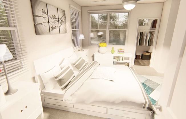 a bedroom with a bed and two windows at Brownstones at Palisade Park Townhomes, Colorado, 80023
