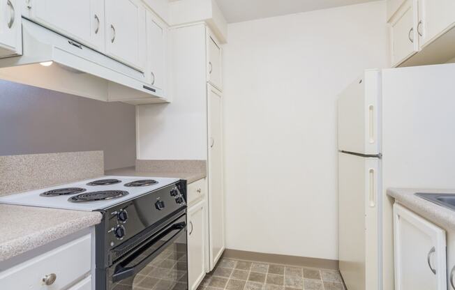 a kitchen with white cabinets and a stove and a refrigerator