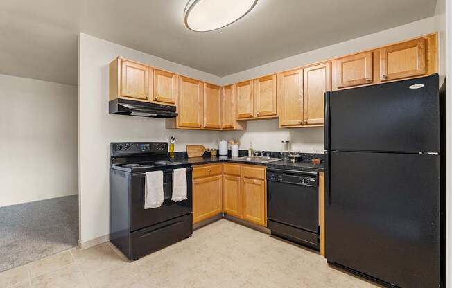 A kitchen with black appliances and wooden cabinets.