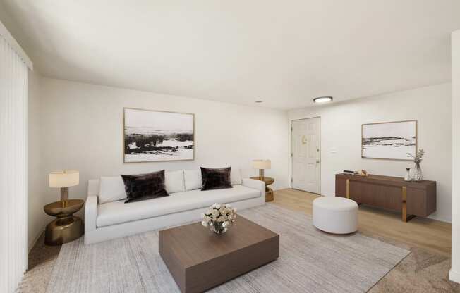 a living room with white walls and a white couch  at Brix, Washington, 99362