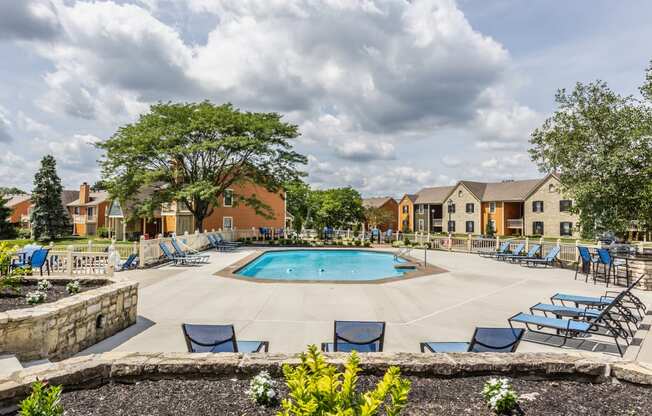 Fairway Lakes Apartments Westerville Ohio Sparkling Swimming Pool with Sundeck and Lounge Chairs