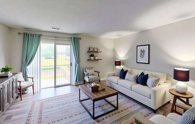 A living room with a white couch and a rug.