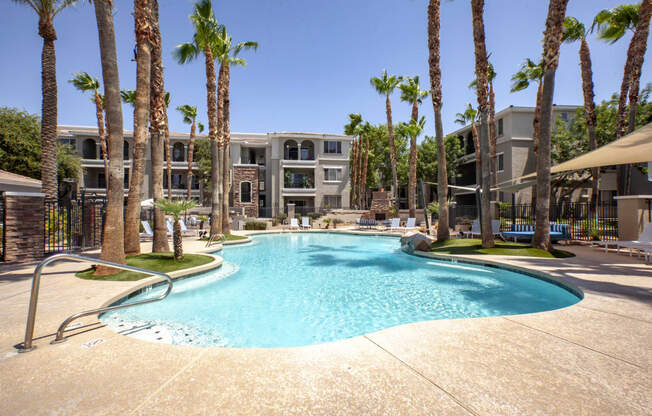 Apartments North Phoenix - Resort Style Swimming Pool Surrounded by Lounge Chairs and Palm Trees