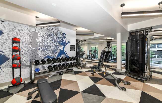 a home gym with a black and white checkered floor