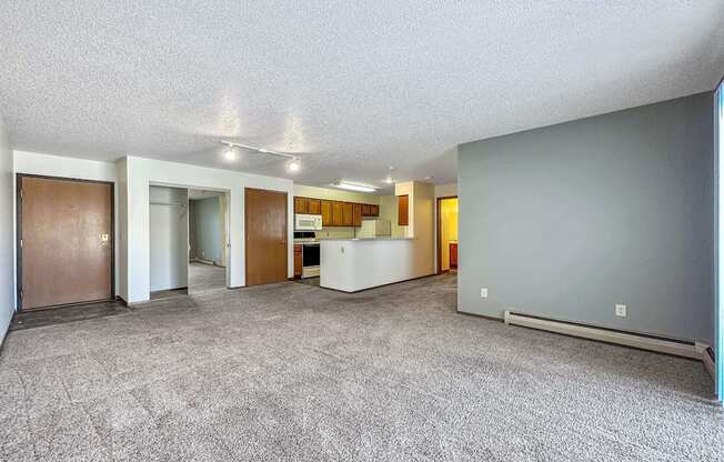 the living room and kitchen of an apartment with a carpeted floor