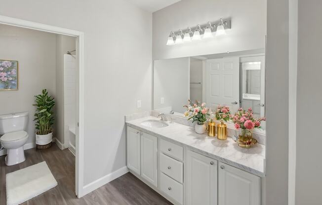 A white bathroom with a toilet, sink, and mirror.