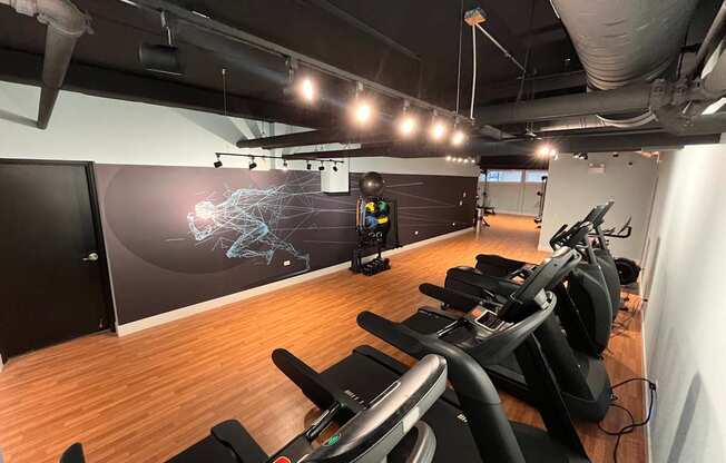 A gym with treadmills and a screen on the wall.
