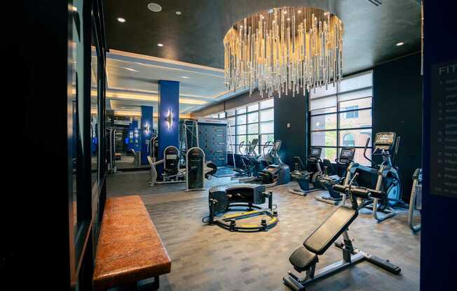 A gym with a variety of equipment including a bench, weights, and a treadmill.