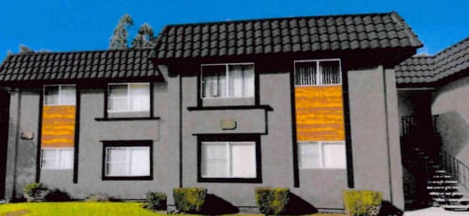 a rendering of a gray house with orange and black windows