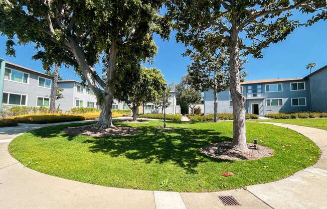 a circle of grass with trees in front of apartment buildings