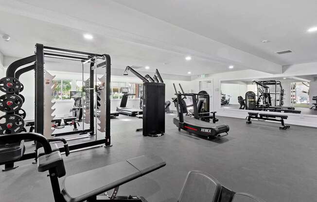a gym with weights and cardio equipment in a room with a large window at Summerwood Apartments, Santa Clara, CA