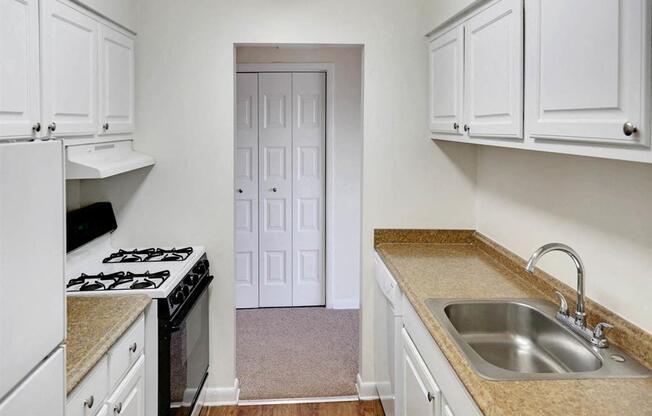 Ample cabinet space and area for food prep are in every kitchen.