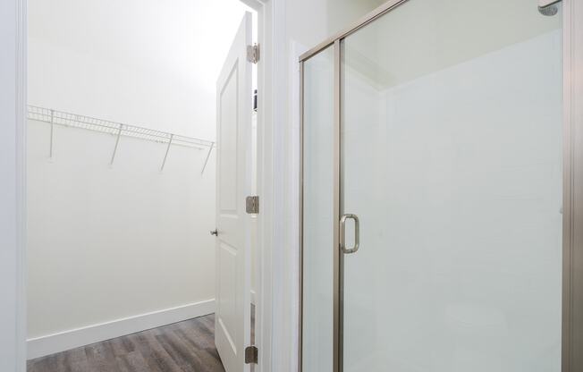 walk in shower with view from walk in closet