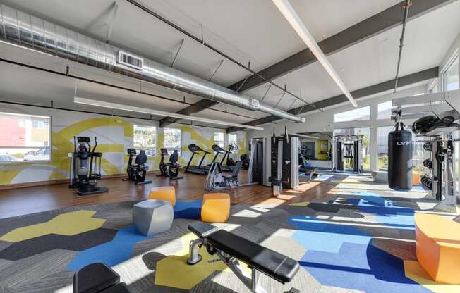 Gym with Hardwood Floor, Treadmills, Excercise Bike, Weight Machines, Full Windows with View of Exterior