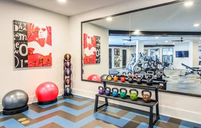 Fitness Center With Yoga/Stretch Area at Spoke Apartments, Atlanta, GA