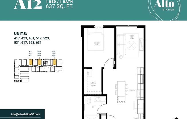 1 bed, 1 bath, 637 sqft, $1,500, Unit 423