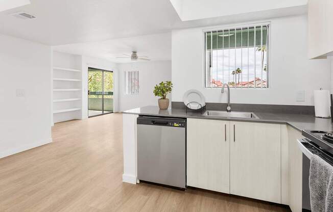 A kitchen with a stainless steel dishwasher and a black countertop.