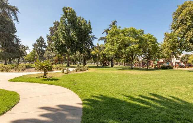 a grassy area with trees in the background and a paved walkway in the foreground