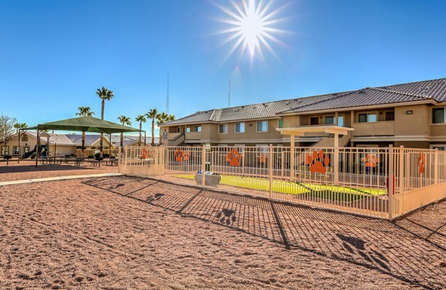Pet Friendly Apartments in North Las Vegas NV - Portola Del Sol - Dog Park with Grass in Front of Apartment Building