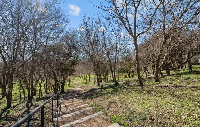 A pathway with a metal railing on the left side leads through a grassy area with trees on both sides.
