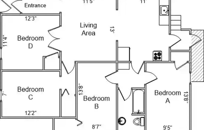 4 beds, 1 bath, 1,176 sqft, $2,800, Unit 1134