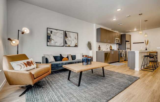 a living room with a couch and a table