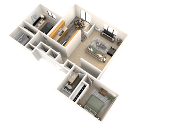 A 3D floor plan of a house layout.