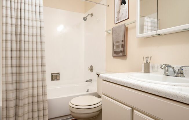 A bathroom with a toilet, sink, and shower.
