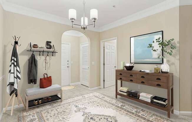 A hallway with a bench, coat rack, and a painting on the wall.