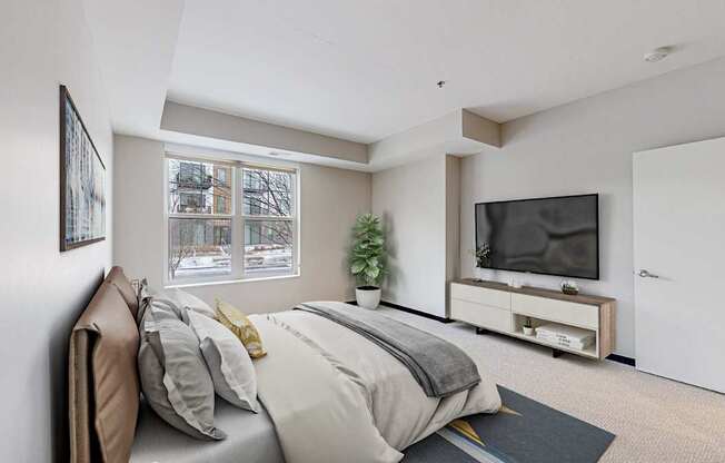 A bedroom with a large bed and a flat screen TV.