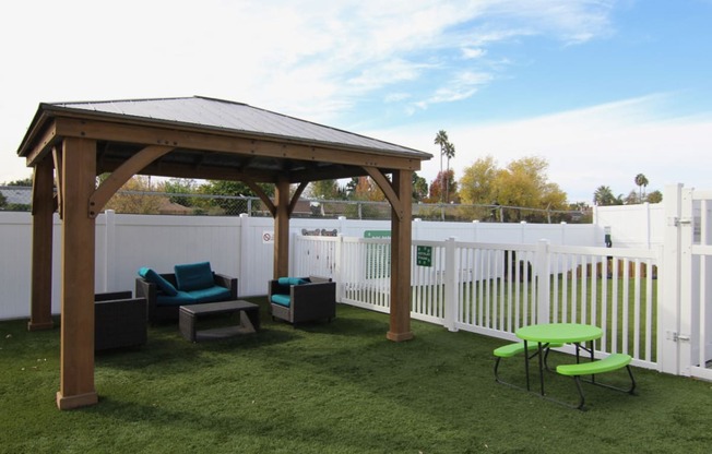 Gazebo seating area just outside pet play park.