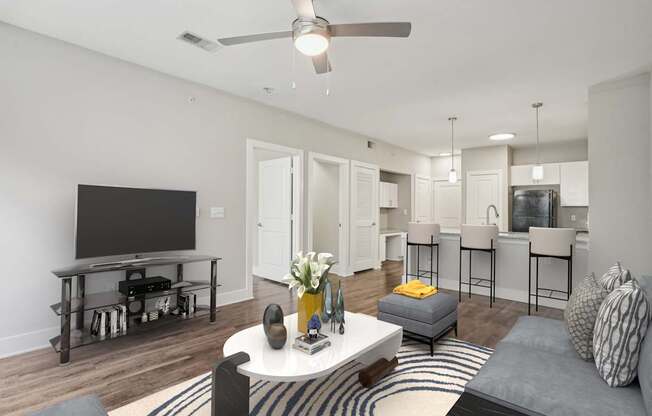 A living room with a grey couch, a coffee table, and a television.