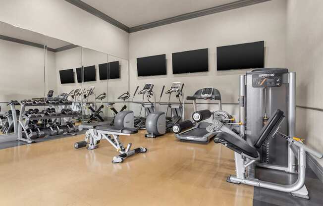 A gym with a variety of equipment including treadmills, stationary bikes, and weight machines.
