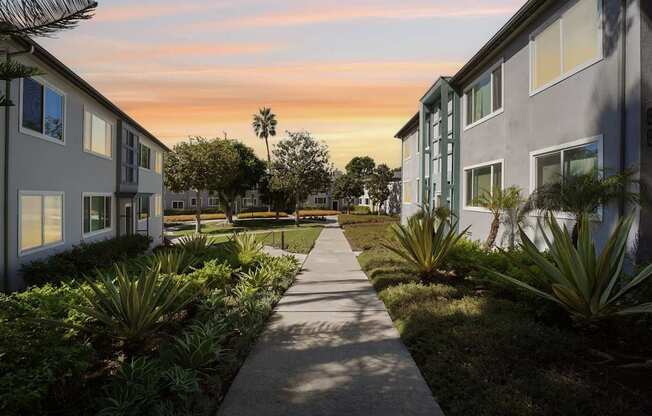 A pathway leads through a landscaped area between two rows of buildings.