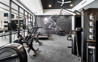 A gym with a variety of exercise equipment including treadmills, stationary bikes, and weight machines.