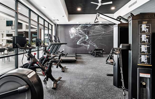 A gym with a variety of exercise equipment including treadmills, stationary bikes, and weight machines.