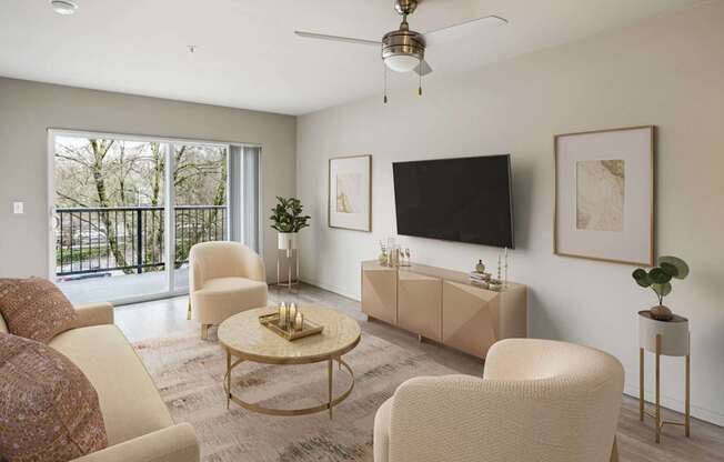 A living room with a flat screen TV mounted on the wall.