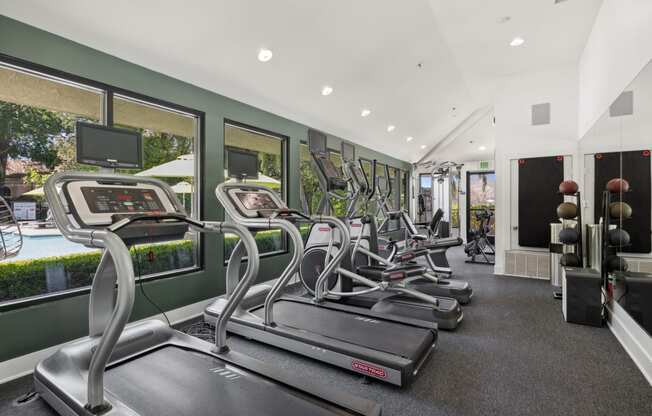 a gym with rows of cardio equipment and windows