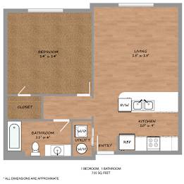 1 bed, 1 bath, 735 sqft, $1,095