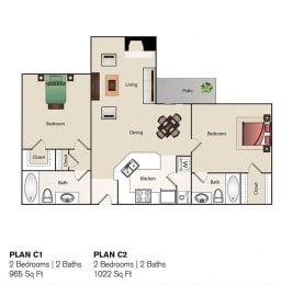 2 beds, 2 baths, 965 sqft, $1,329