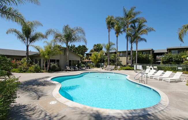 a swimming pool with palm trees in front of a building