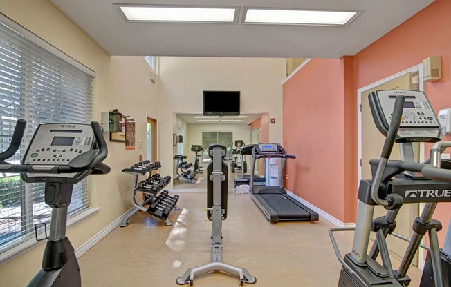 A modern fitness center here at Asbury Park showcasing a well-lit workout space with neutral flooring, soft coral accent walls, and large windows with blinds, featuring cardio machines, strength training equipment, free weights on organized racks, a wall-mounted television, and mirrored walls that enhance the open and functional layout.