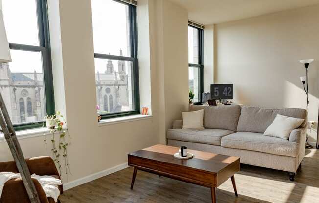 a living room with a couch and a coffee table