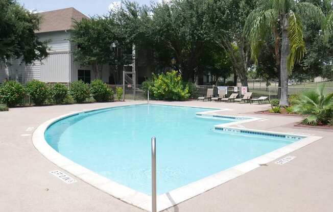 A small pool surrounded by trees and a fence.