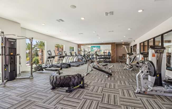 a gym with cardio machines and weights on the floor