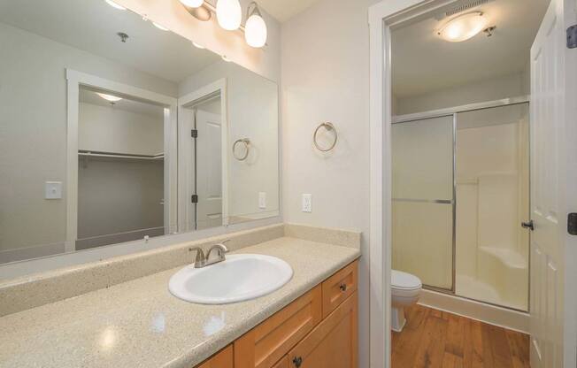 A bathroom with a sink, mirror, toilet and shower.